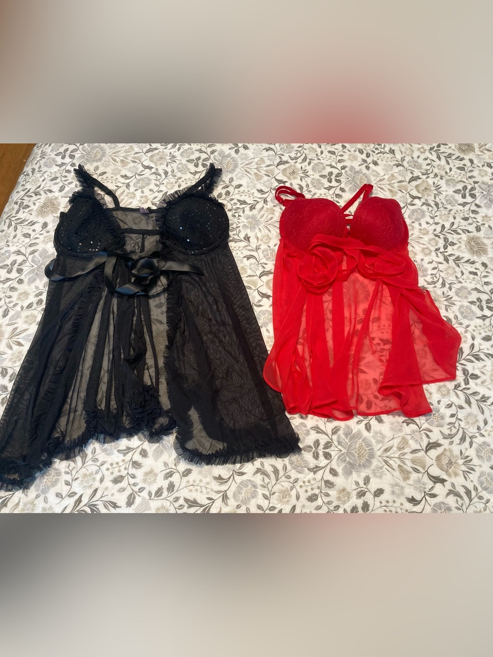 Victoria's Secret Black & Red Sheer Lace Babydoll Chemises